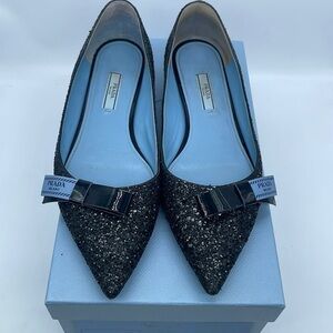 Prada Black Glitter leather bow logo embellished pointed toe ballet flats 38.5